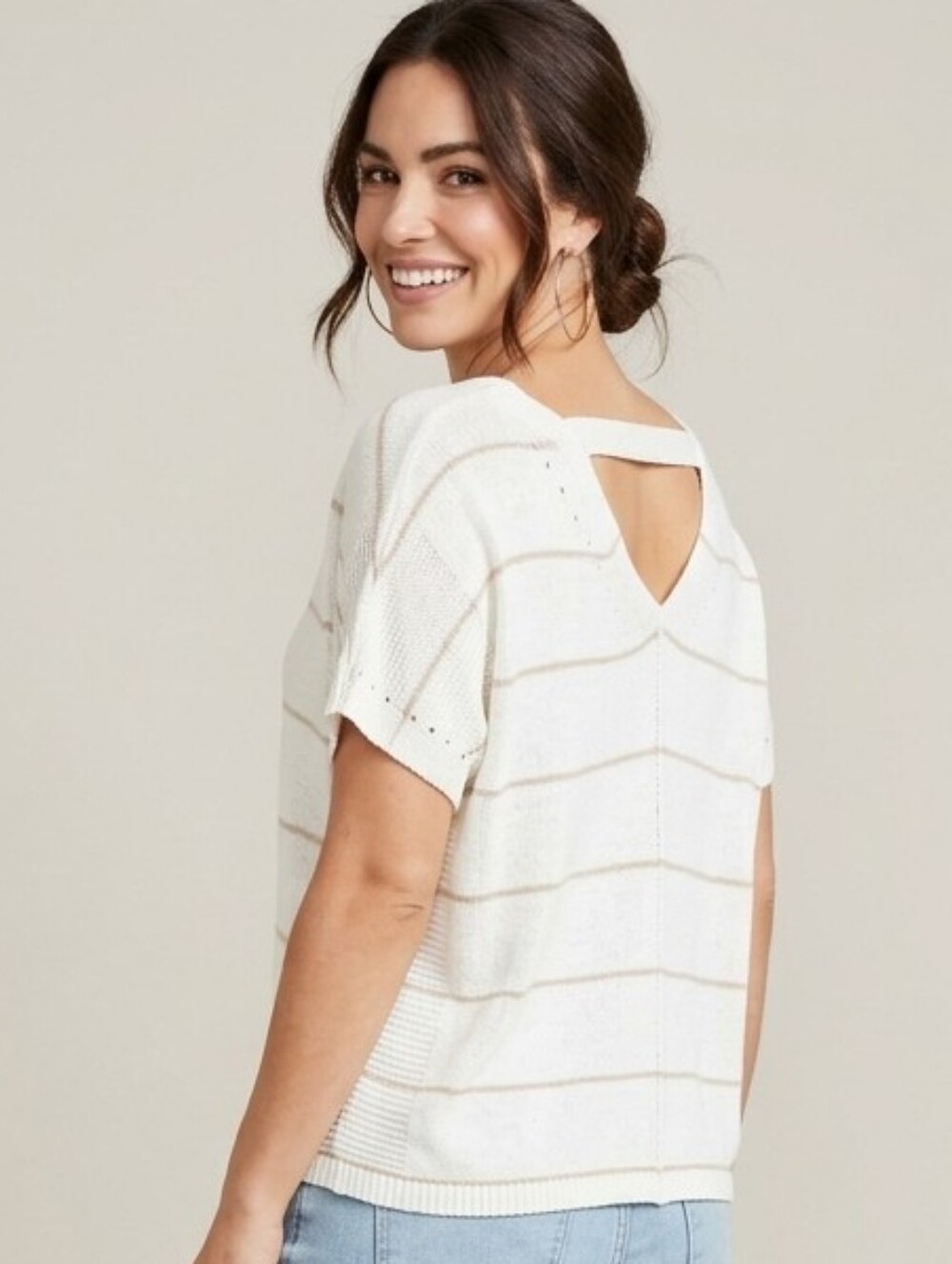 Apt. 9 Cream Knit Short-Sleeve Top with Tan Stripes and Open Back